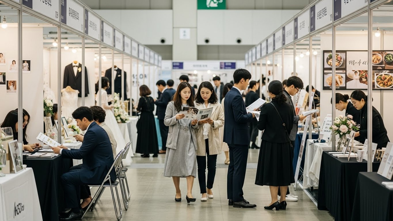 제주 팜투어 허니문박람회 웨딩박람회 참가 업체와 상담 장면